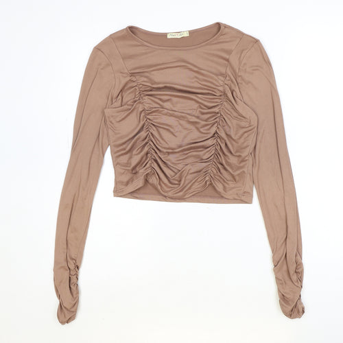 Heart Hips Womens Brown Polyester Basic T-Shirt Size L Round Neck - Ruched