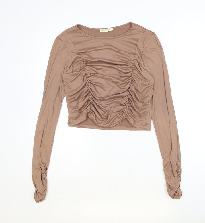 Heart Hips Womens Brown Polyester Basic T-Shirt Size L Round Neck - Ruched