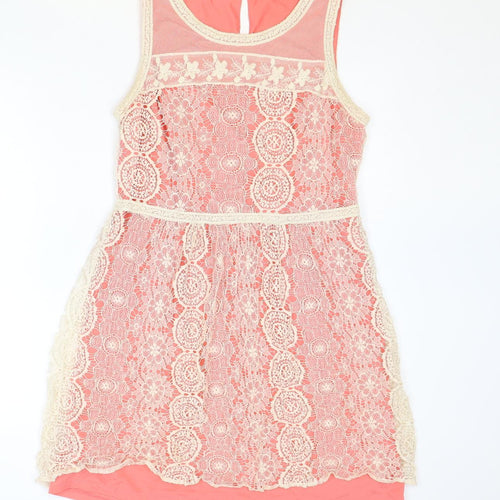 Promod Womens Pink Geometric Nylon A-Line Size 12 Round Neck Button