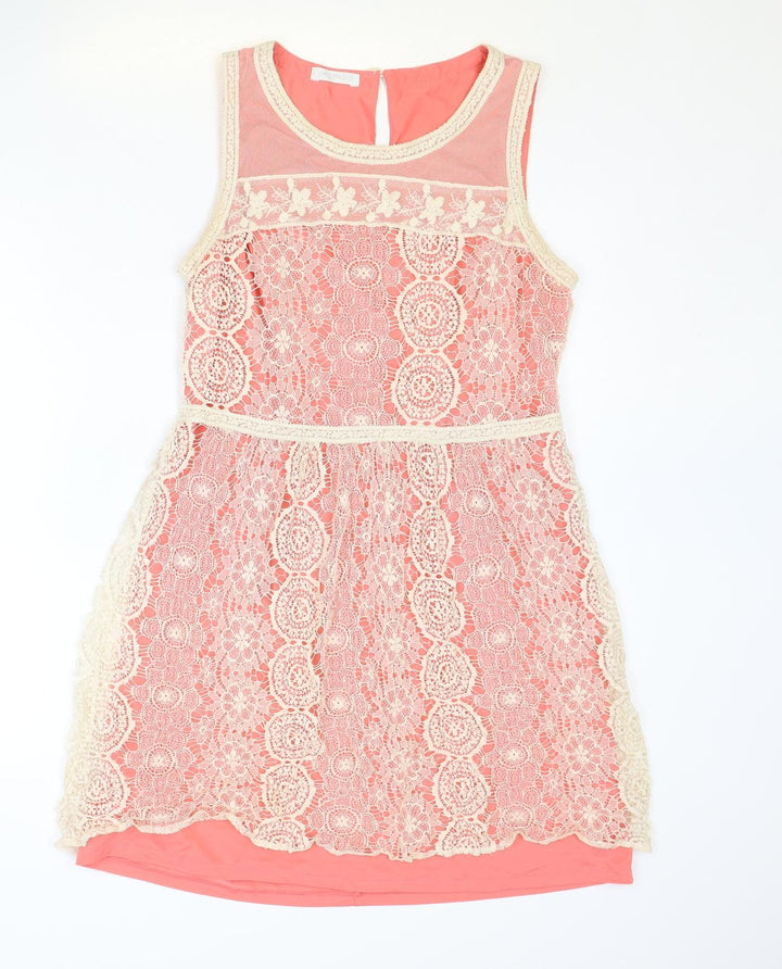 Promod Womens Pink Geometric Nylon A-Line Size 12 Round Neck Button