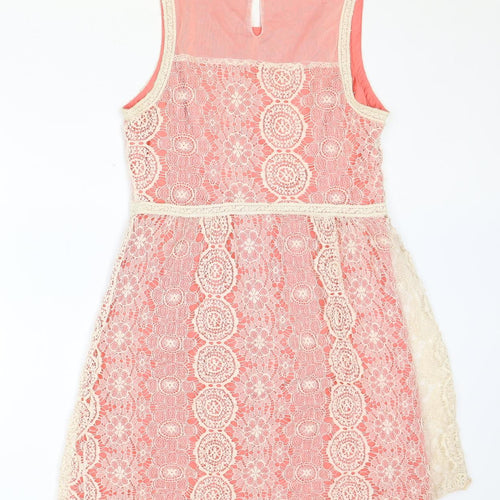 Promod Womens Pink Geometric Nylon A-Line Size 12 Round Neck Button