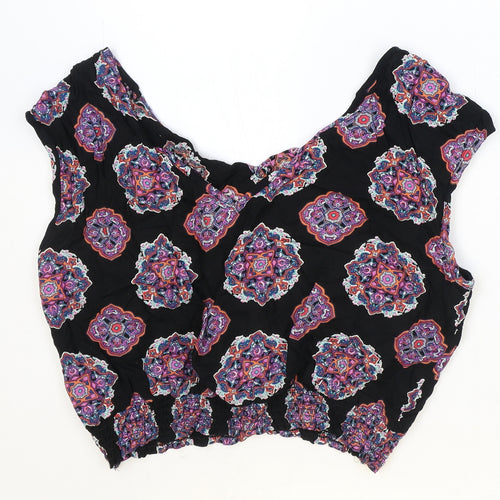 Paprika Womens Black Geometric Viscose Cropped Tank Size L V-Neck