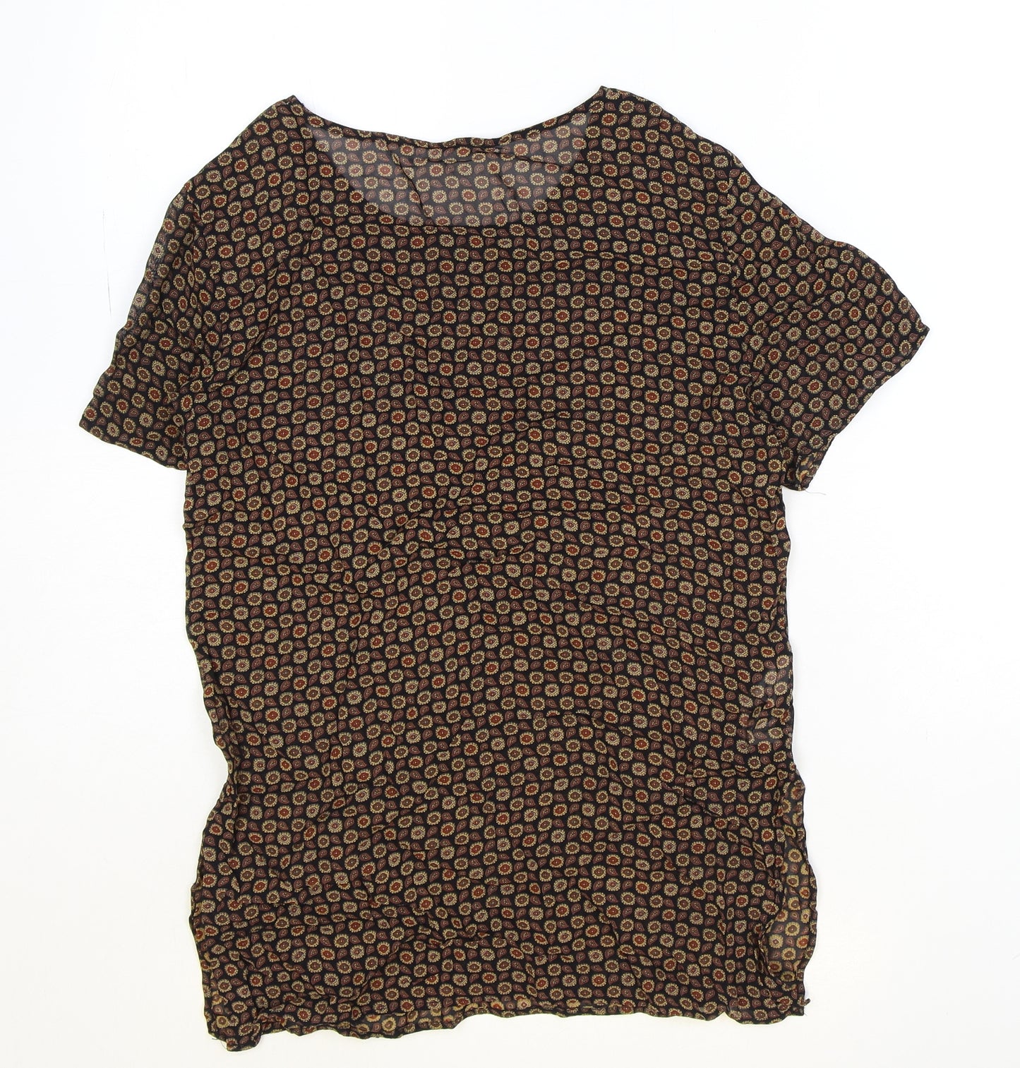 Marks and Spencer Womens Black Geometric Viscose Basic T-Shirt Size 8 Scoop Neck