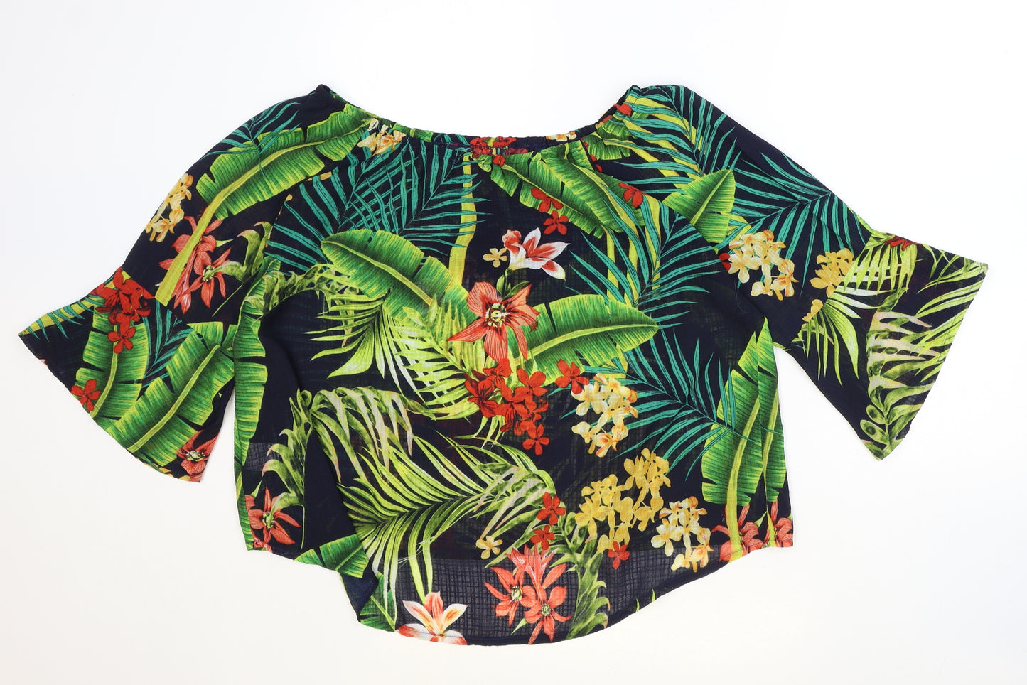 Preworn Womens Multicoloured Geometric Polyester Basic Blouse Size 14 Boat Neck