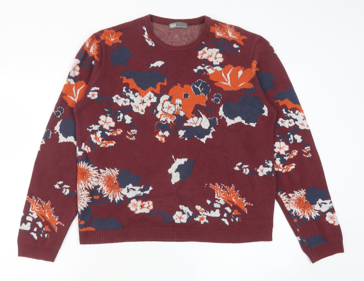 ASOS Womens Red Round Neck Floral Cotton Pullover Jumper Size L