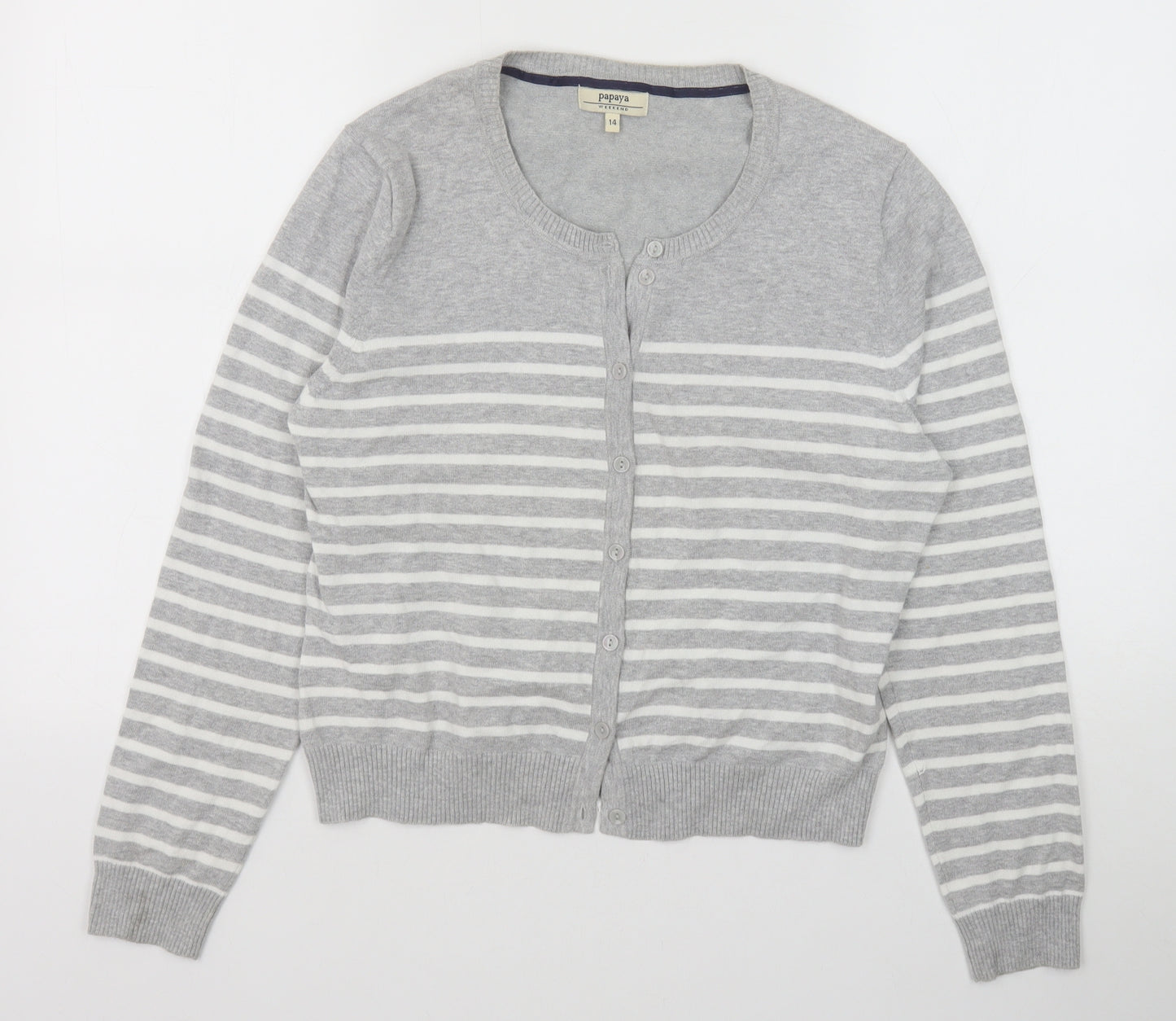 Papaya Womens Grey Round Neck Striped Cotton Cardigan Jumper Size 14