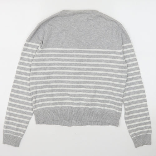 Papaya Womens Grey Round Neck Striped Cotton Cardigan Jumper Size 14