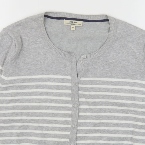 Papaya Womens Grey Round Neck Striped Cotton Cardigan Jumper Size 14