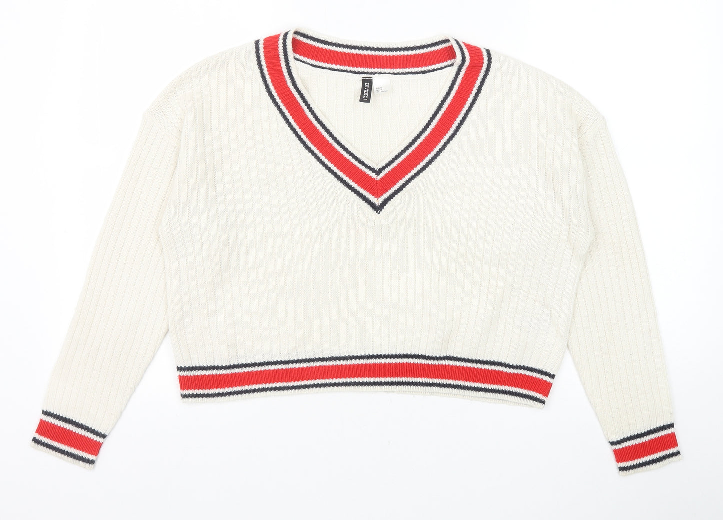 Divided by H&M Womens Ivory V-Neck Acrylic Pullover Jumper Size M