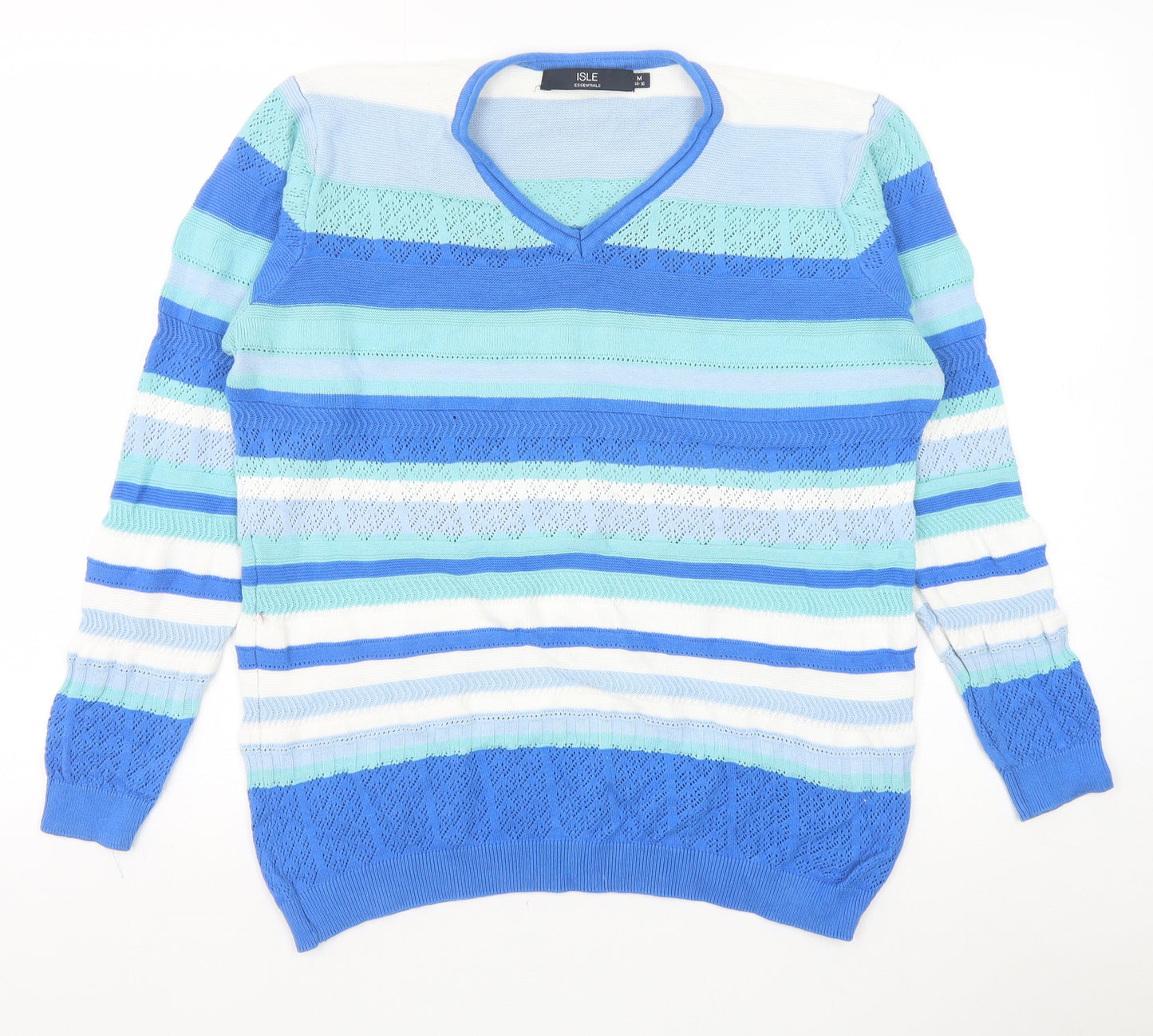 EWM Womens Blue V-Neck Striped 100% Cotton Pullover Jumper Size M