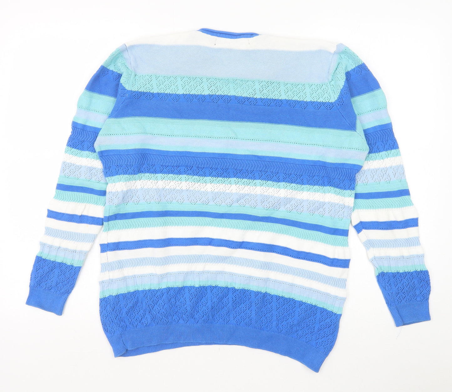 EWM Womens Blue V-Neck Striped 100% Cotton Pullover Jumper Size M