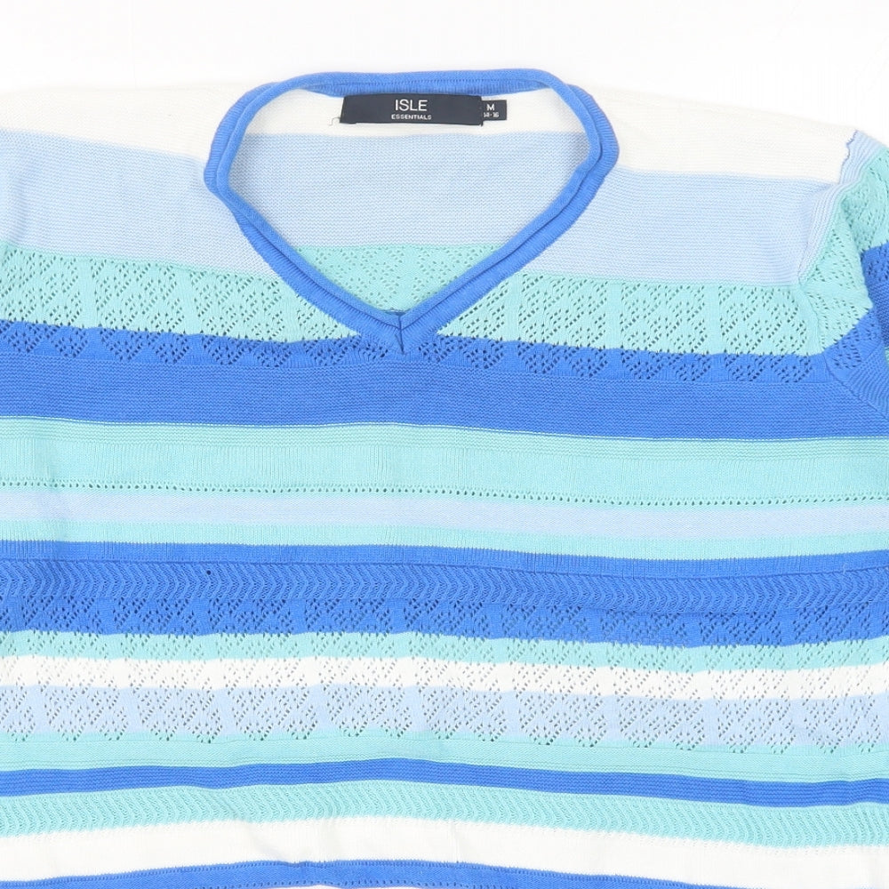 EWM Womens Blue V-Neck Striped 100% Cotton Pullover Jumper Size M