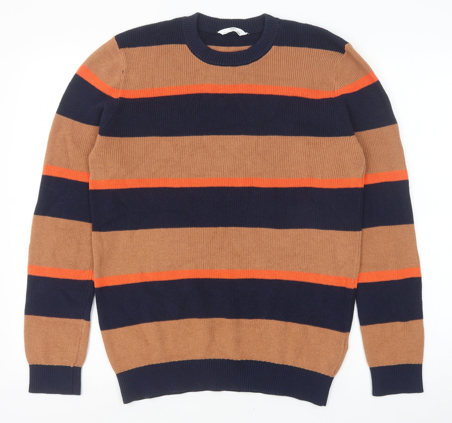 Marks and Spencer Boys Brown Round Neck Striped 100% Cotton Pullover Jumper Size 13-14 Years Pullover