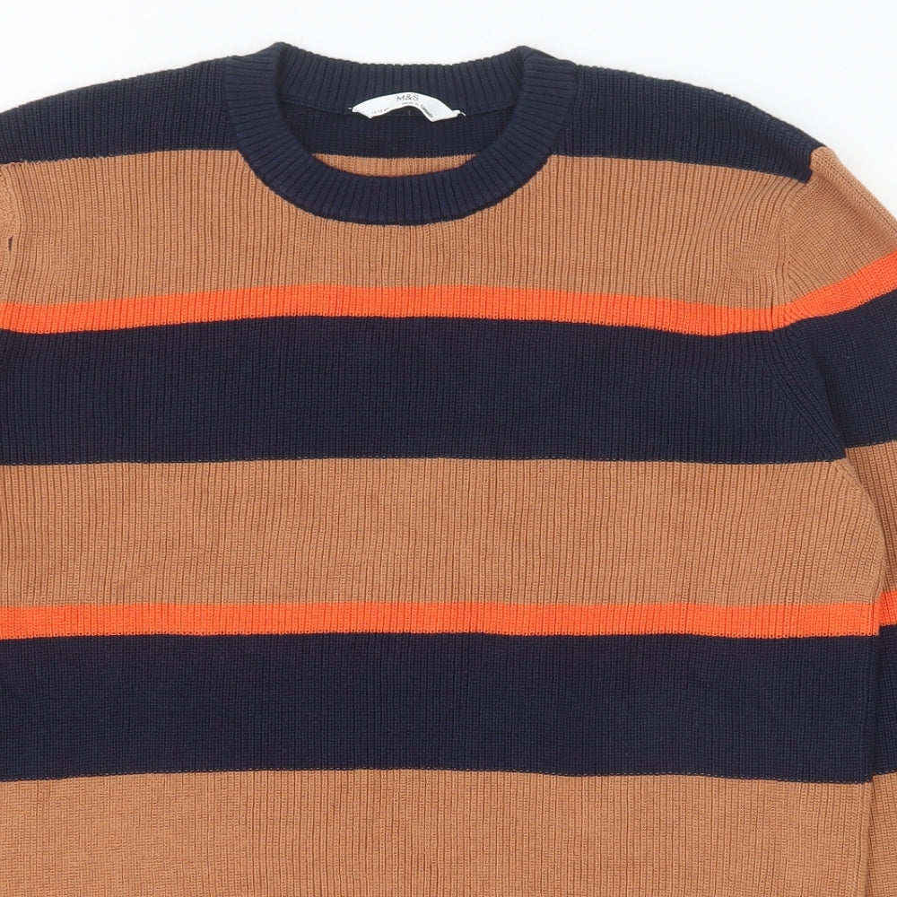 Marks and Spencer Boys Brown Round Neck Striped 100% Cotton Pullover Jumper Size 13-14 Years Pullover