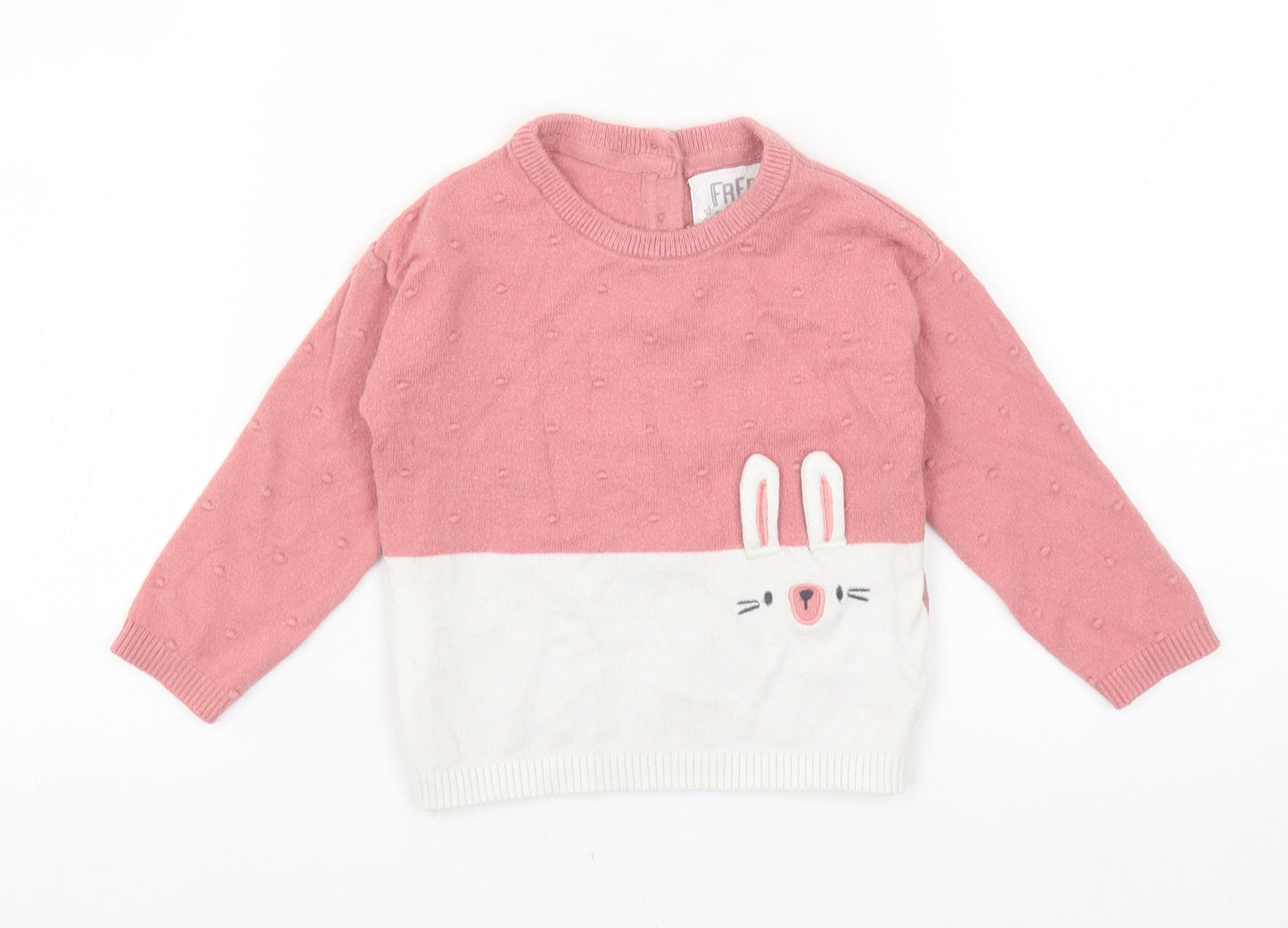 F&F Girls Pink Colourblock Viscose Pullover Jumper Size 9-12 Months Button - Bunny