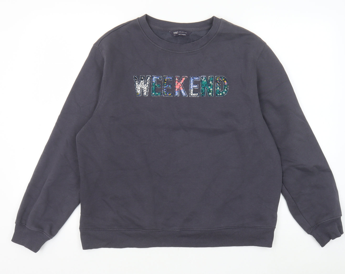 Marks and Spencer Womens Grey Floral Cotton Pullover Sweatshirt Size 14 Pullover - Weekend