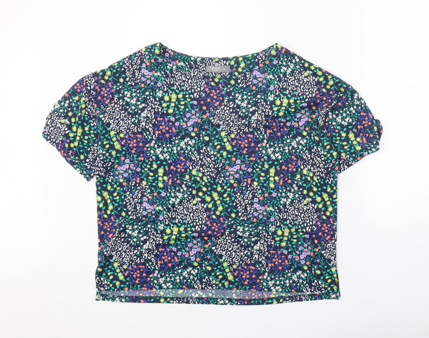 Nutmeg Womens Blue Geometric Polyester Basic T-Shirt Size 14 Round Neck