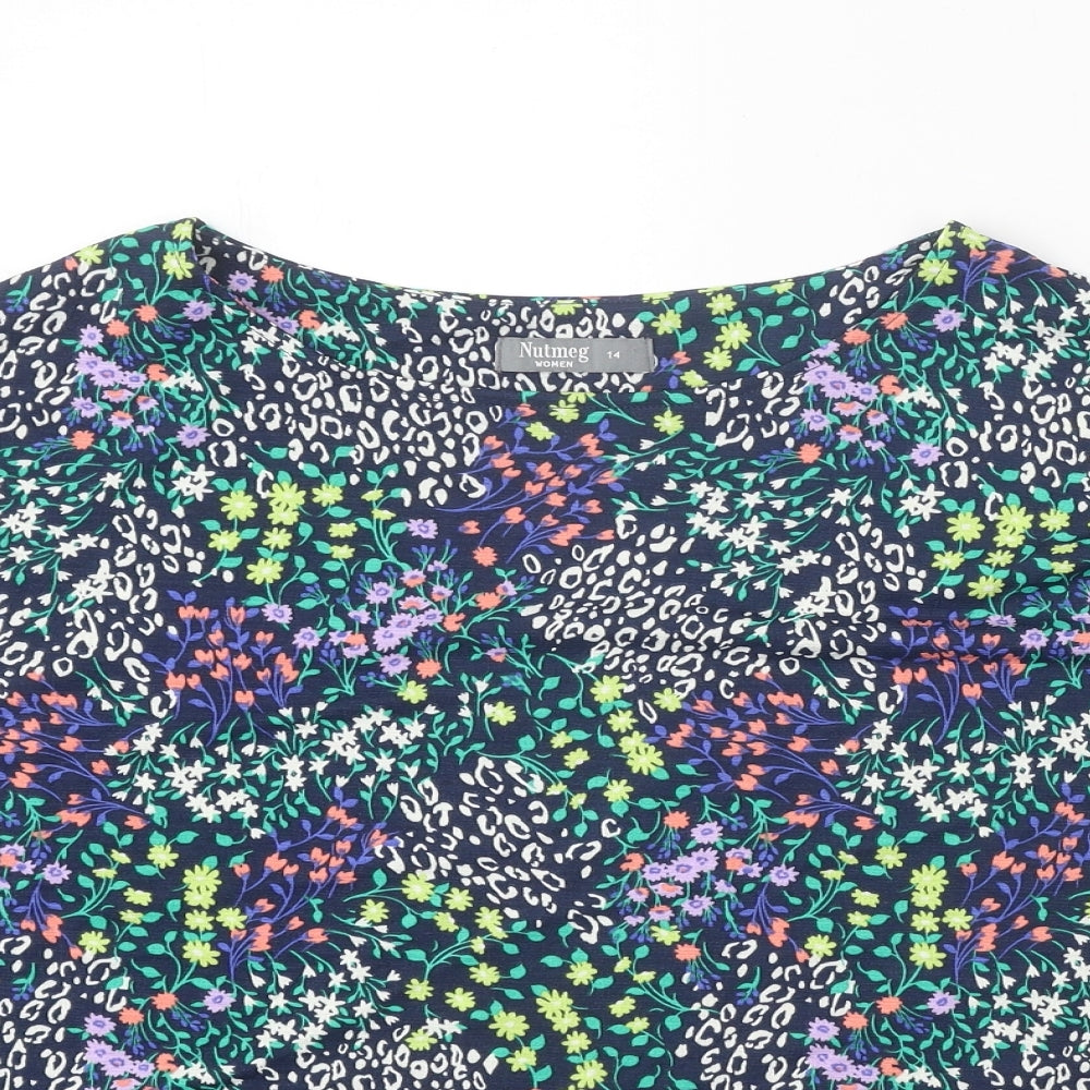 Nutmeg Womens Blue Geometric Polyester Basic T-Shirt Size 14 Round Neck