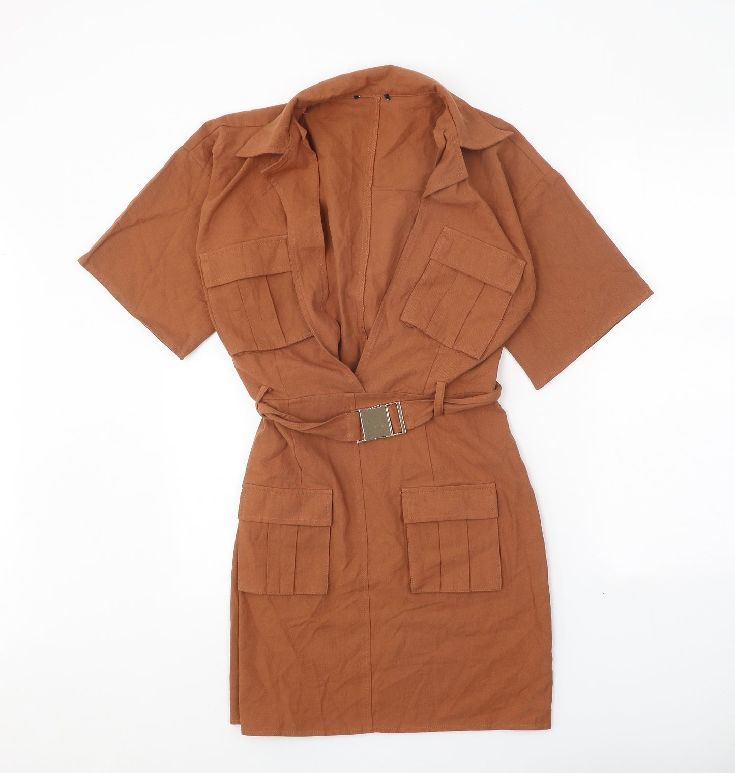 Preworn Womens Orange Cotton Shirt Dress Size 12 V-Neck Buckle