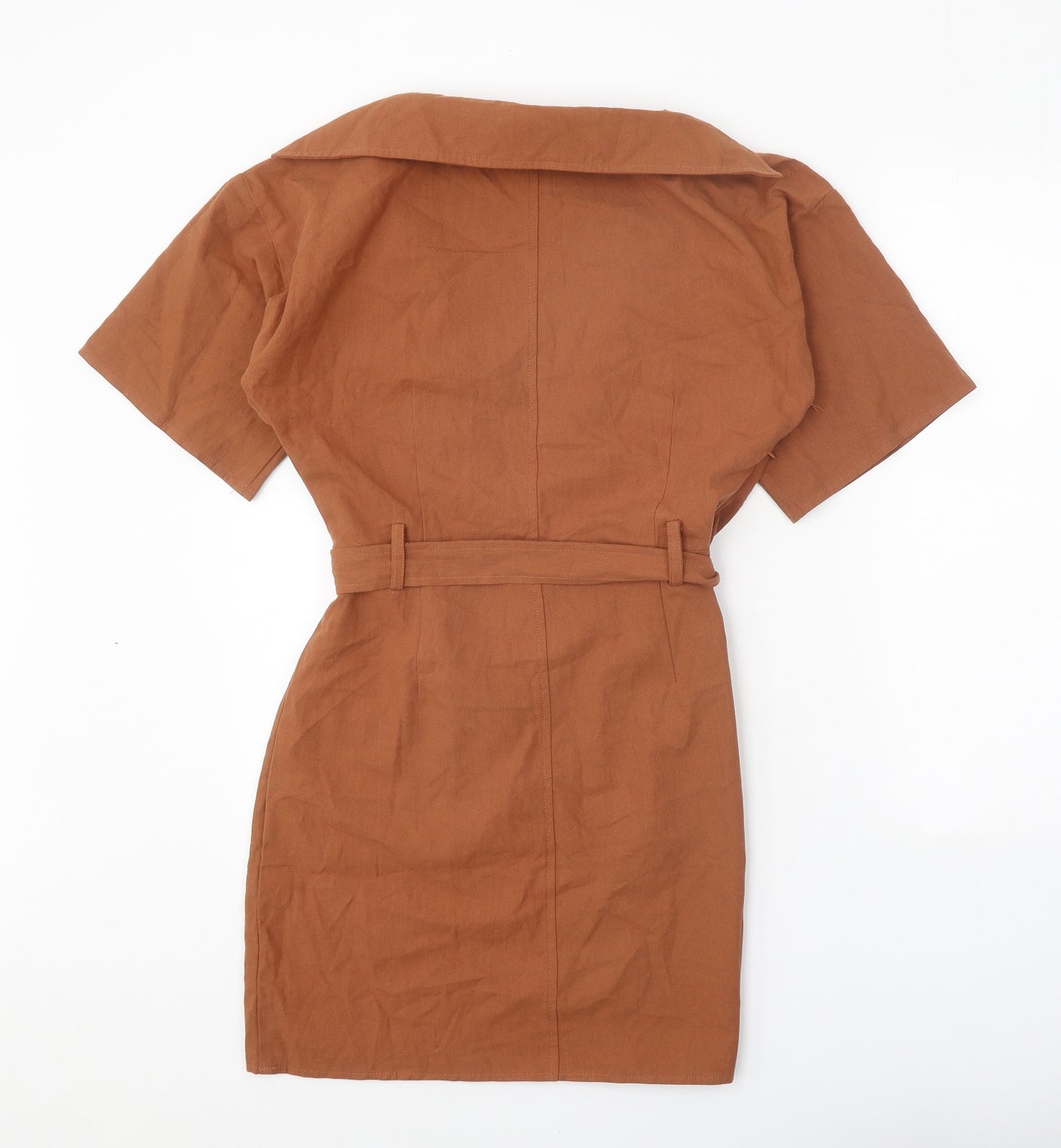 Preworn Womens Orange Cotton Shirt Dress Size 12 V-Neck Buckle