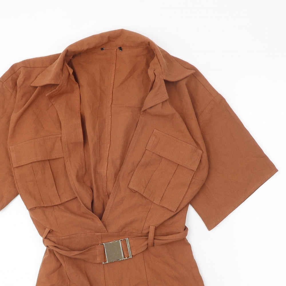 Preworn Womens Orange Cotton Shirt Dress Size 12 V-Neck Buckle