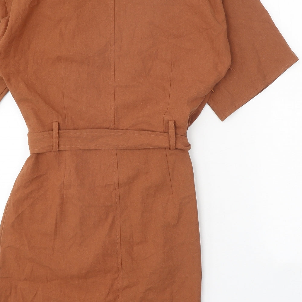 Preworn Womens Orange Cotton Shirt Dress Size 12 V-Neck Buckle