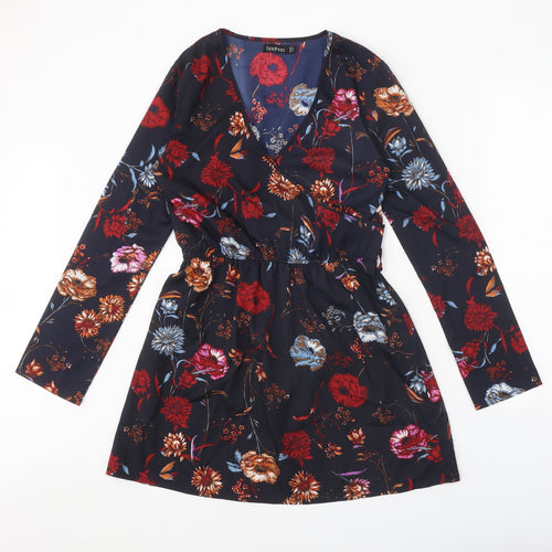 Boohoo Womens Black Floral Polyester A-Line Size 8 V-Neck Pullover