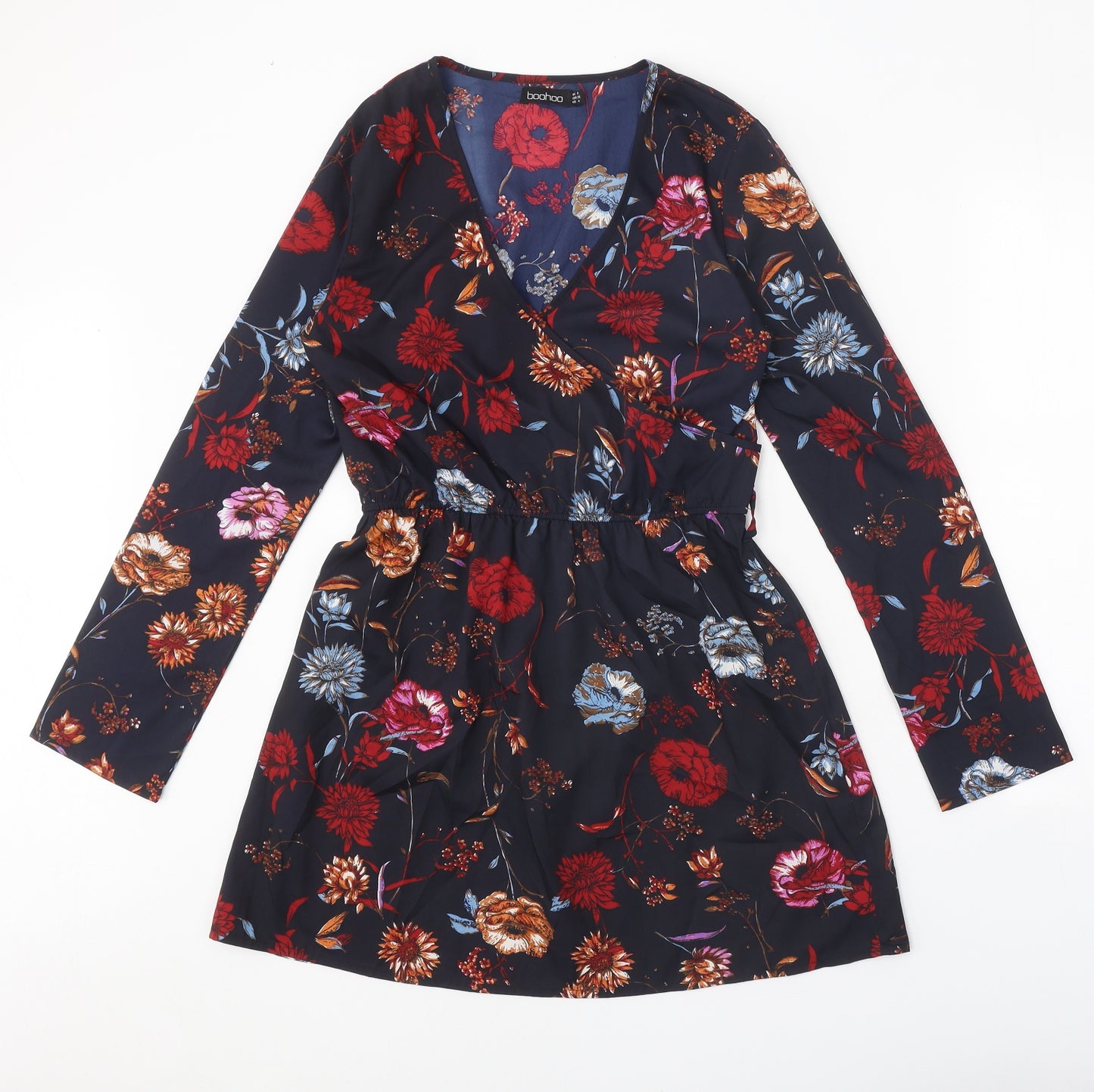 Boohoo Womens Black Floral Polyester A-Line Size 8 V-Neck Pullover