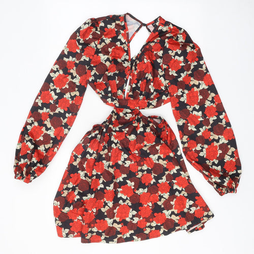SheIn Womens Red Floral Polyester A-Line Size S V-Neck Tie - Open Back