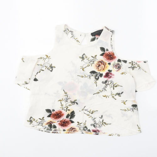 Love & Other Things Womens White Floral Polyester Basic Blouse Size 8 Round Neck - Cold Shoulder