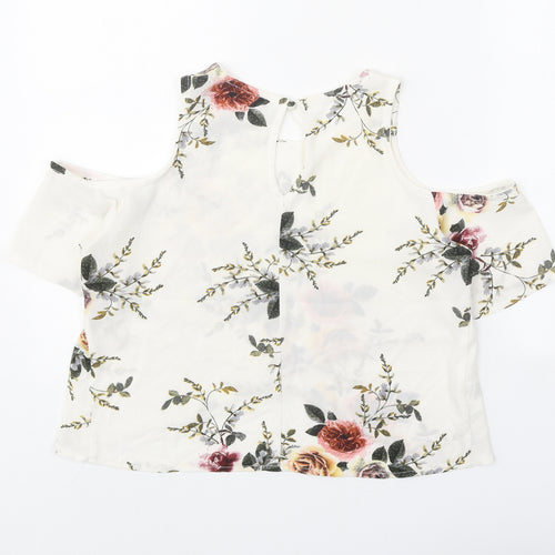Love & Other Things Womens White Floral Polyester Basic Blouse Size 8 Round Neck - Cold Shoulder