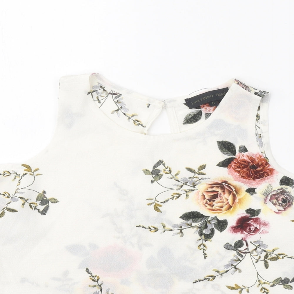 Love & Other Things Womens White Floral Polyester Basic Blouse Size 8 Round Neck - Cold Shoulder