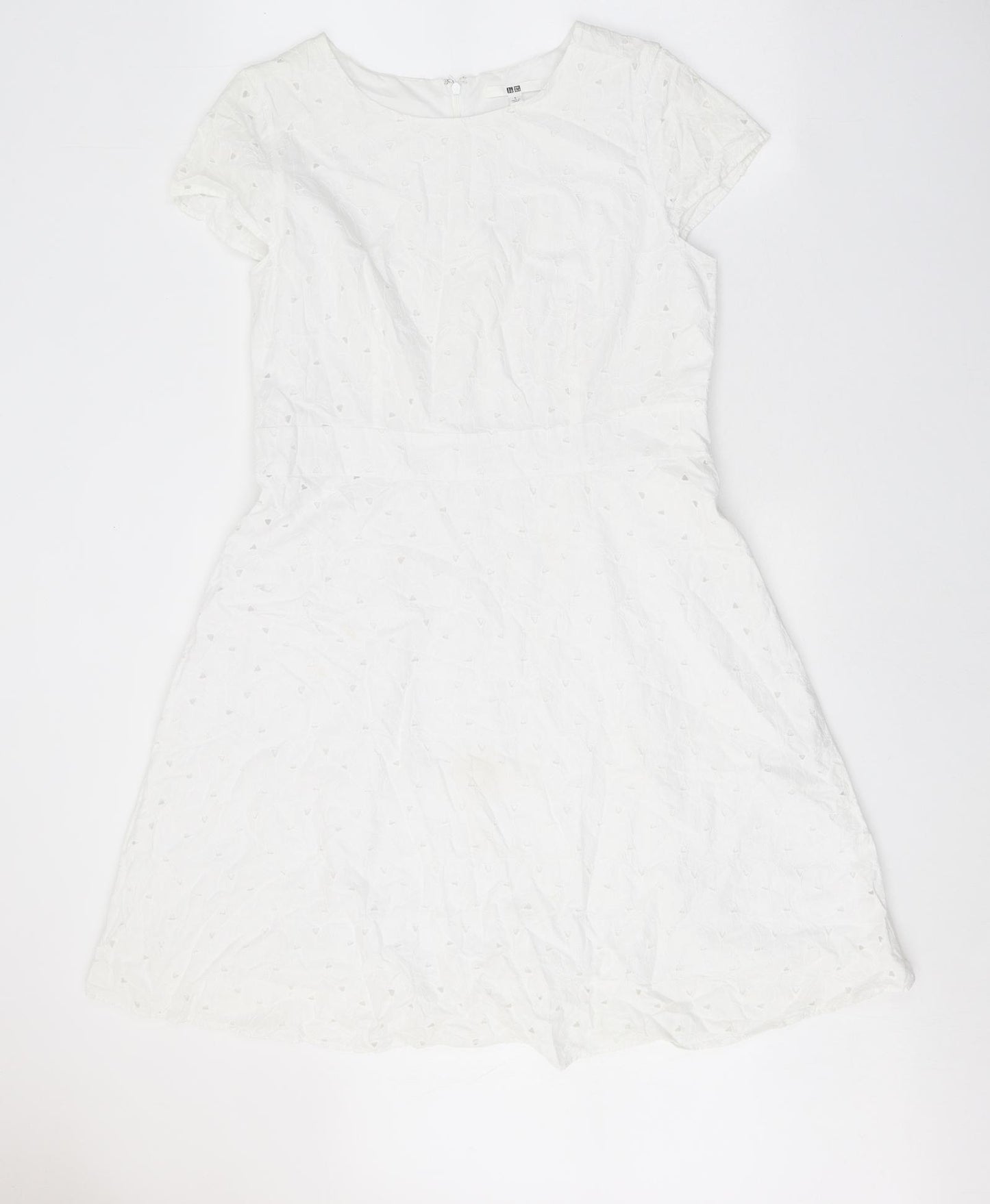 Uniqlo Womens White 100% Cotton A-Line Size L Round Neck Zip - Broderie Anglaise Details