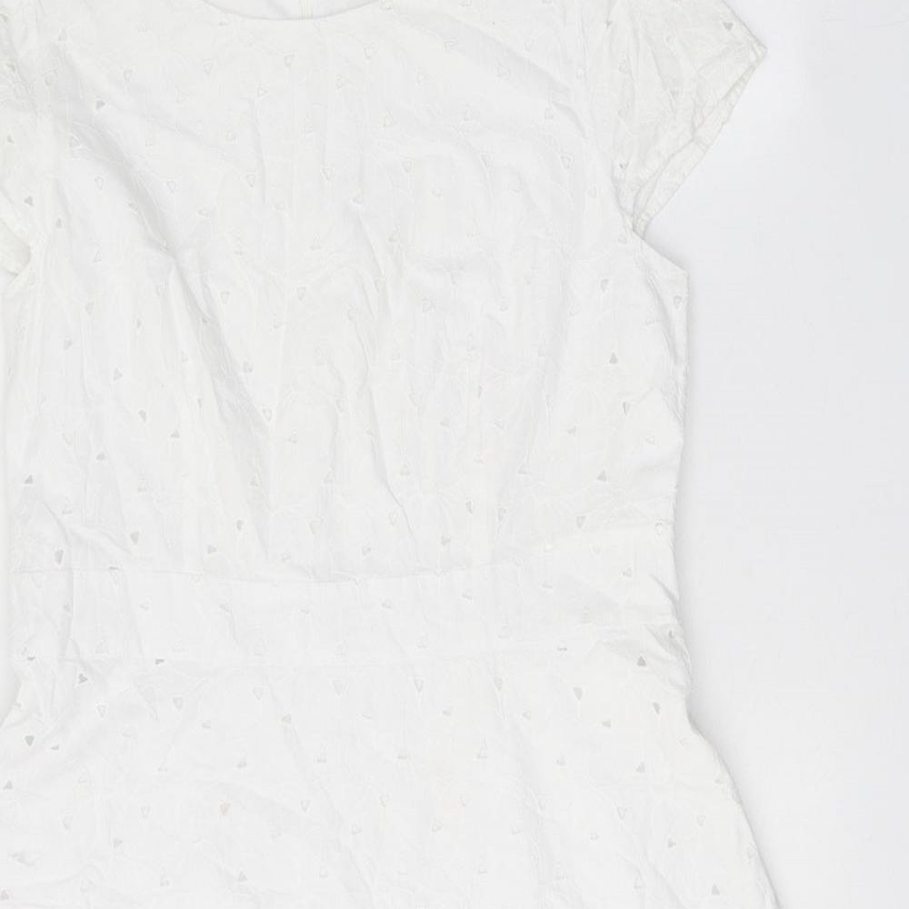 Uniqlo Womens White 100% Cotton A-Line Size L Round Neck Zip - Broderie Anglaise Details