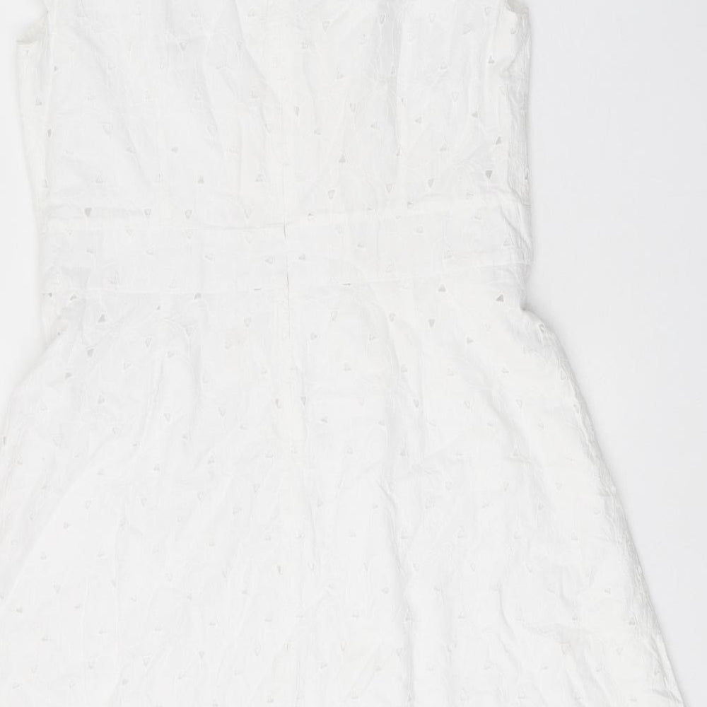 Uniqlo Womens White 100% Cotton A-Line Size L Round Neck Zip - Broderie Anglaise Details
