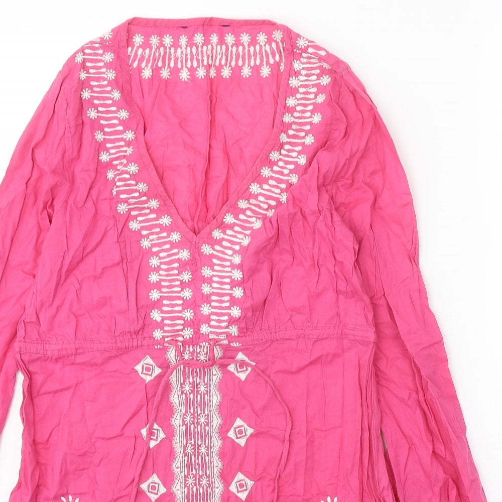 Preworn Womens Pink Geometric 100% Cotton A-Line Size XS V-Neck Tie