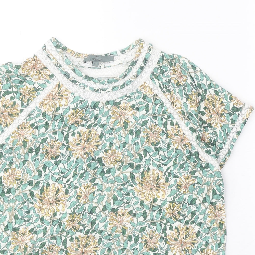 NEXT Womens Green Floral 100% Cotton Basic T-Shirt Size 14 Round Neck