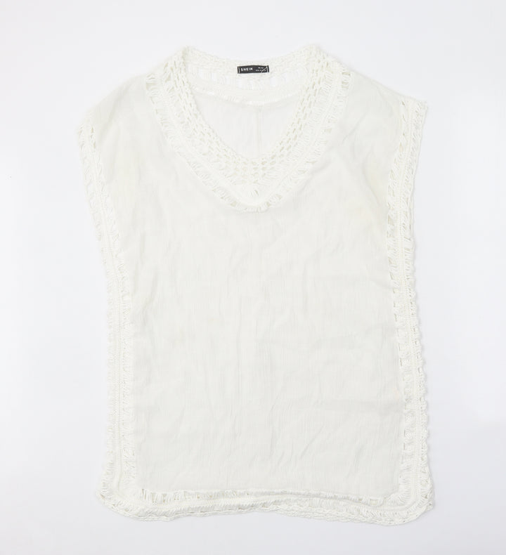 SheIn Womens White Geometric Polyester A-Line One Size V-Neck Pullover