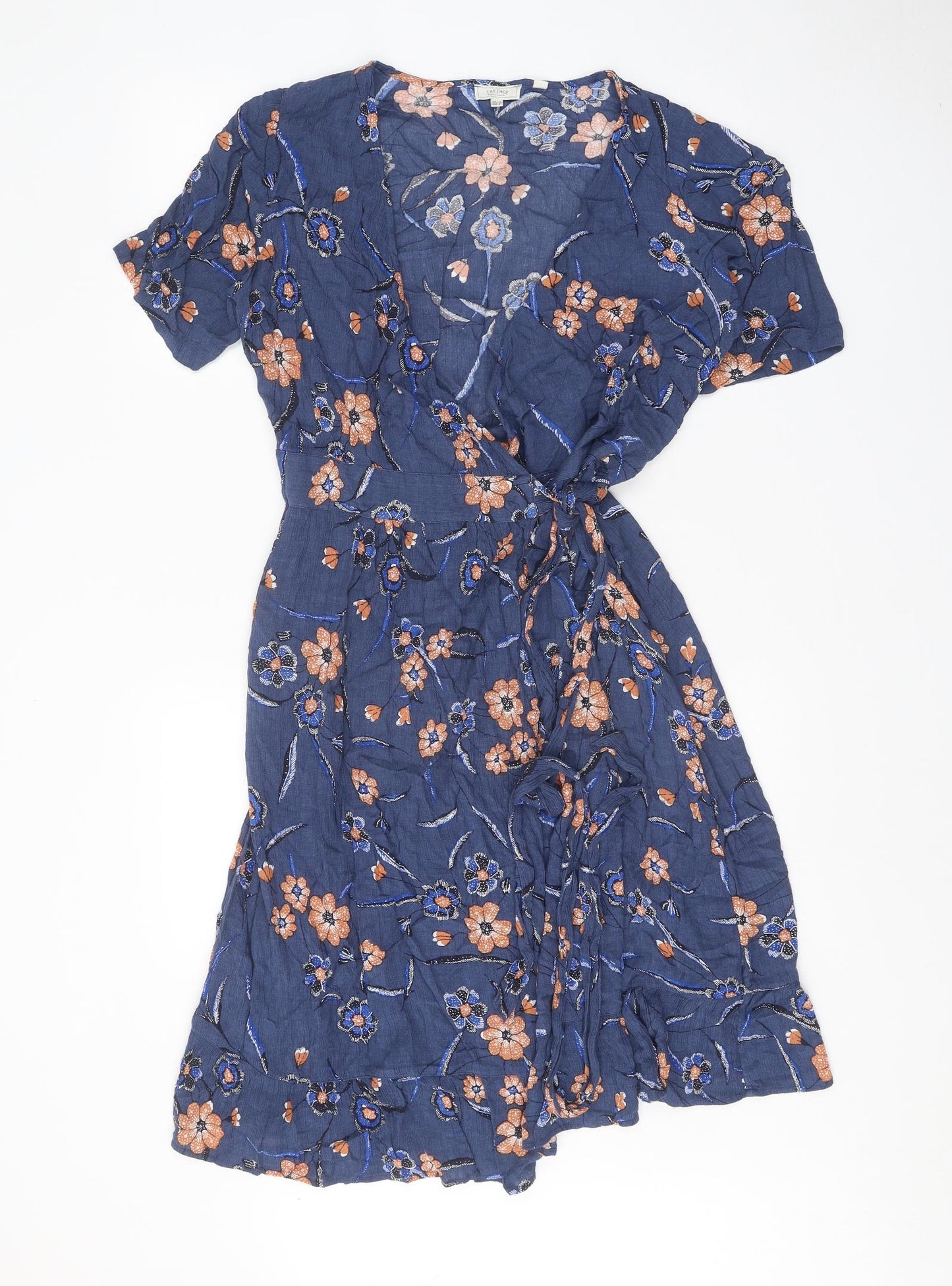 Fat Face Womens Blue Floral Viscose Wrap Dress Size 12 V-Neck Tie