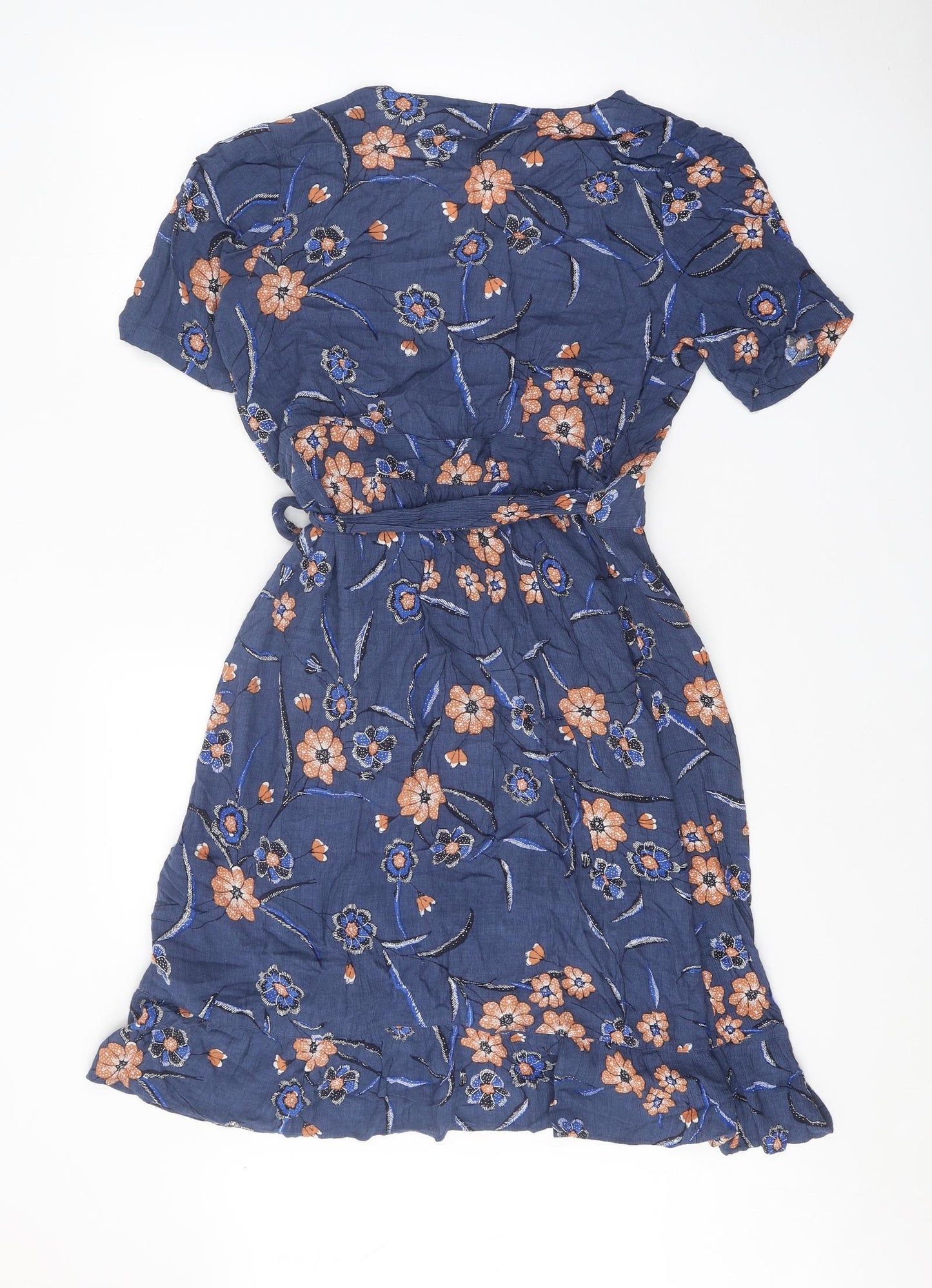 Fat Face Womens Blue Floral Viscose Wrap Dress Size 12 V-Neck Tie