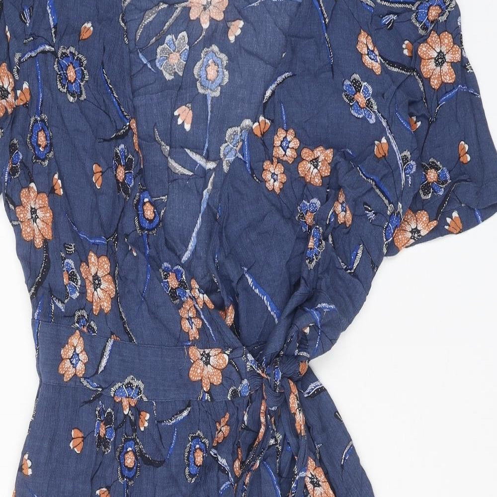 Fat Face Womens Blue Floral Viscose Wrap Dress Size 12 V-Neck Tie