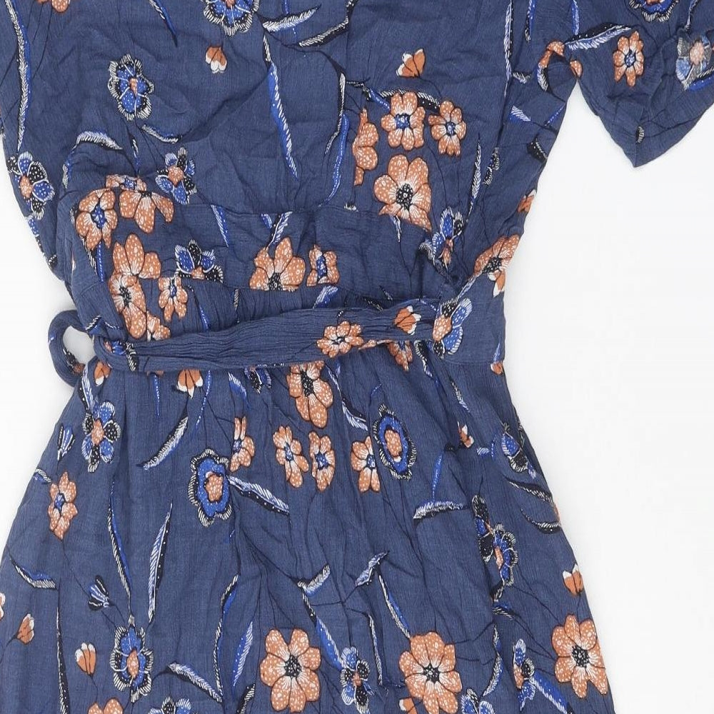 Fat Face Womens Blue Floral Viscose Wrap Dress Size 12 V-Neck Tie