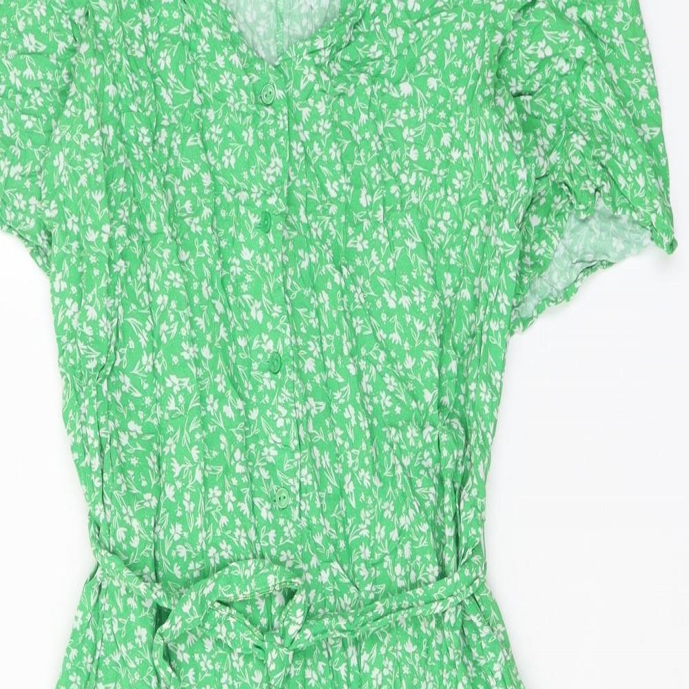 Monki Womens Green Geometric Viscose A-Line Size M V-Neck Button