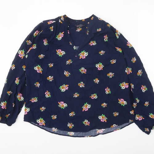 Marks and Spencer Womens Blue Floral Viscose Basic Blouse Size 8 V-Neck