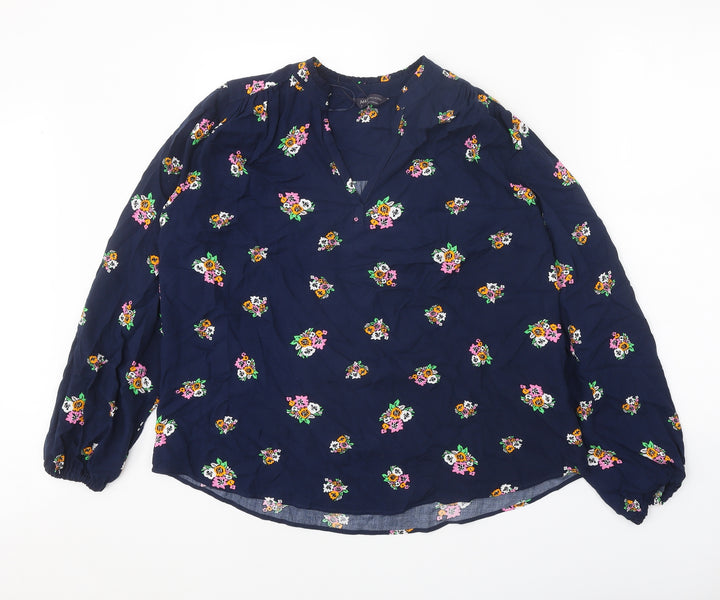 Marks and Spencer Womens Blue Floral Viscose Basic Blouse Size 8 V-Neck