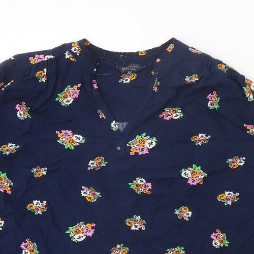 Marks and Spencer Womens Blue Floral Viscose Basic Blouse Size 8 V-Neck