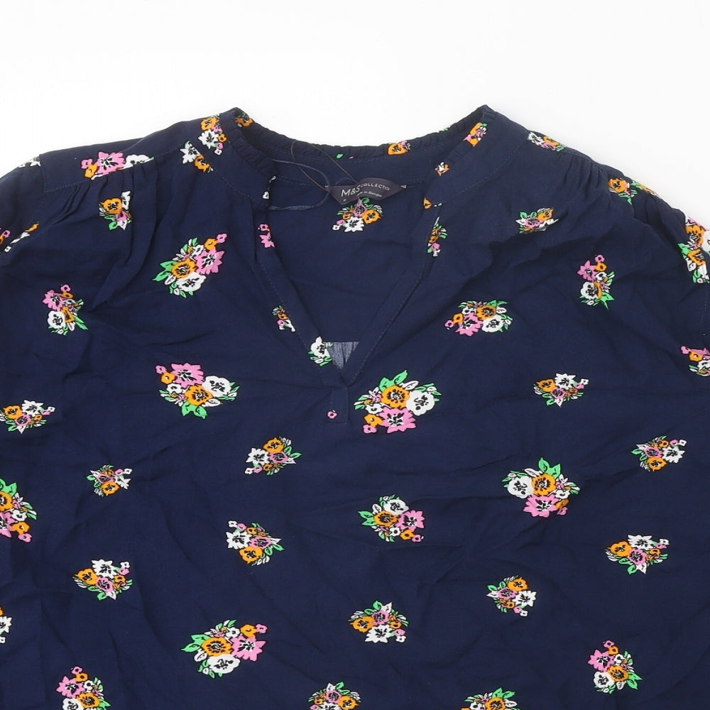 Marks and Spencer Womens Blue Floral Viscose Basic Blouse Size 8 V-Neck