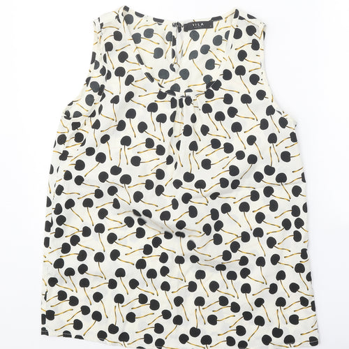 VILA Womens White Geometric Polyester Basic Tank Size S Scoop Neck - Cherry