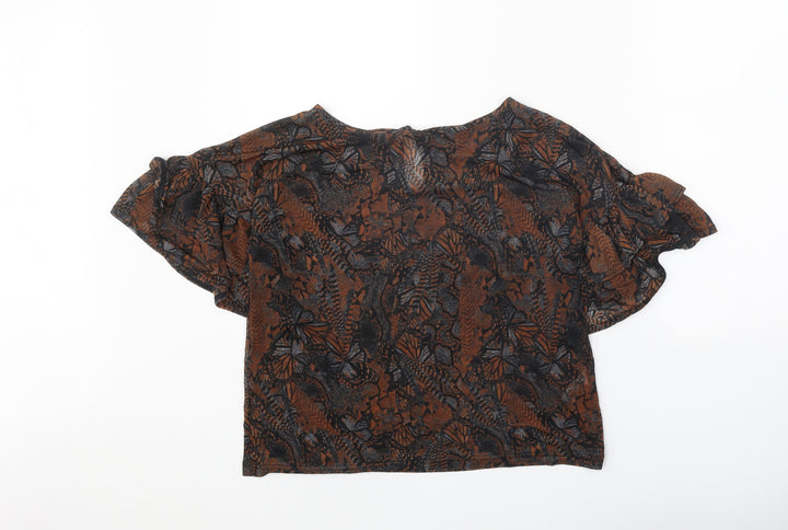 Topshop Womens Brown Geometric Polyester Cropped T-Shirt Size 10 Boat Neck - Butterfly