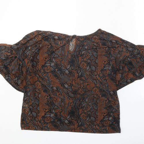 Topshop Womens Brown Geometric Polyester Cropped T-Shirt Size 10 Boat Neck - Butterfly